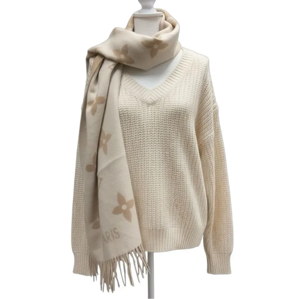 NWT Louis Vuitton Cream & Sable Brown 100% Cashmere M76067 LV Monogram Scarf